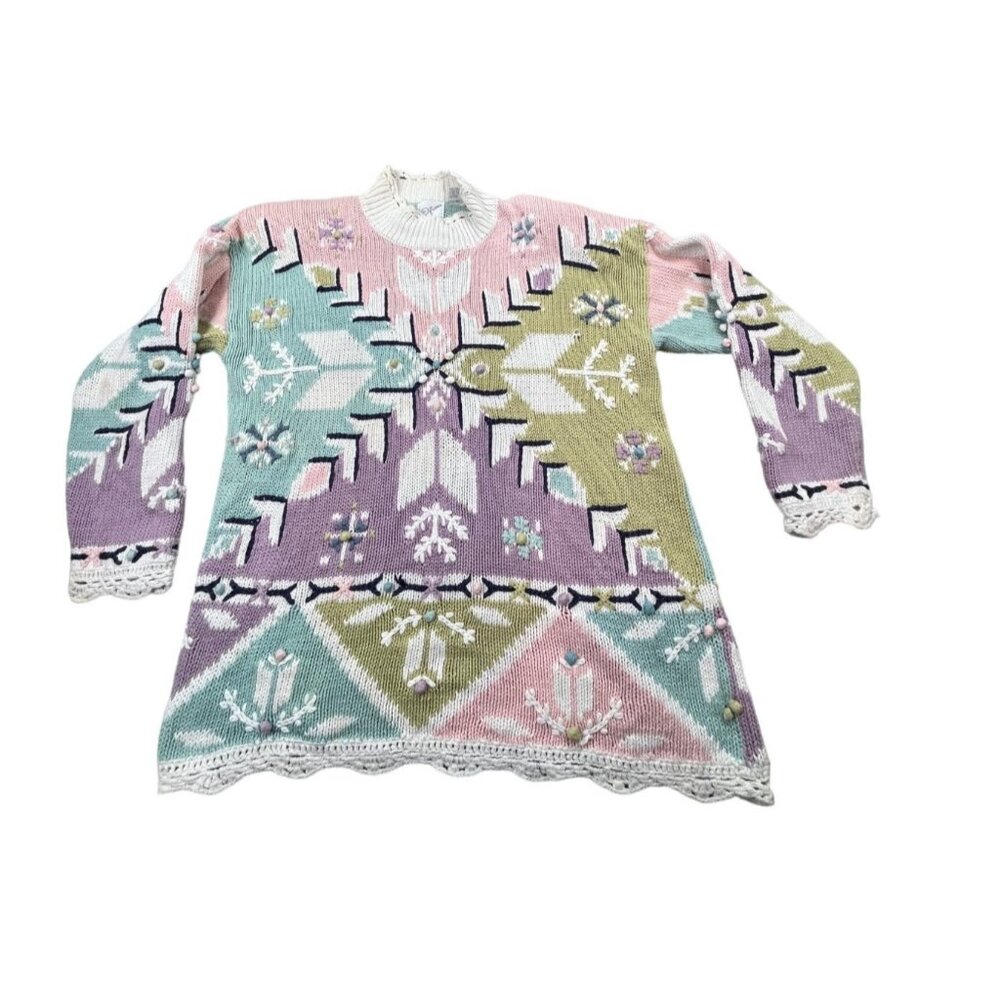 Vintage Fashion Options Sweater Women Large Pastel Geometric Knit Lace Trim Cott